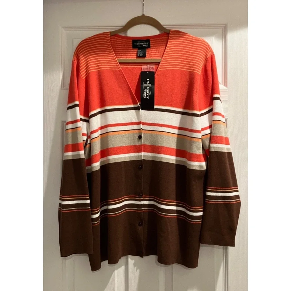 Requirements NWT Sz‎ 1X Wmn Stripe Button Cardigan Sweater Brown Coral Long Slv